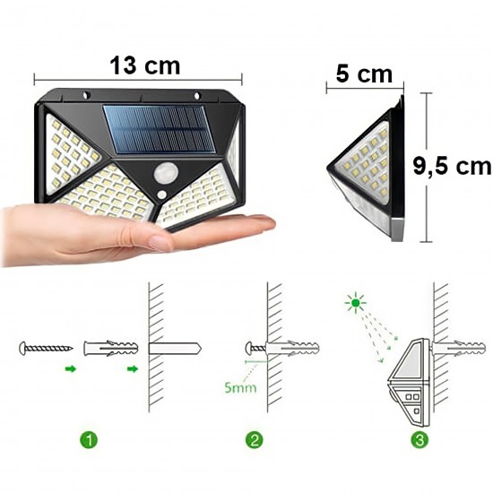 Luminária Solar Aprova Da Agua Parede 100 Leds Sensores  De Presença Com 3 Funções